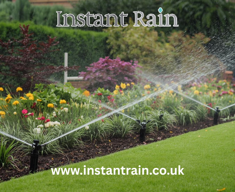 automatic irrigation system in operation in flower border